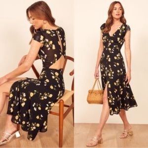 Reformation Wellfleet black yellow midi dress in Piazza print 0